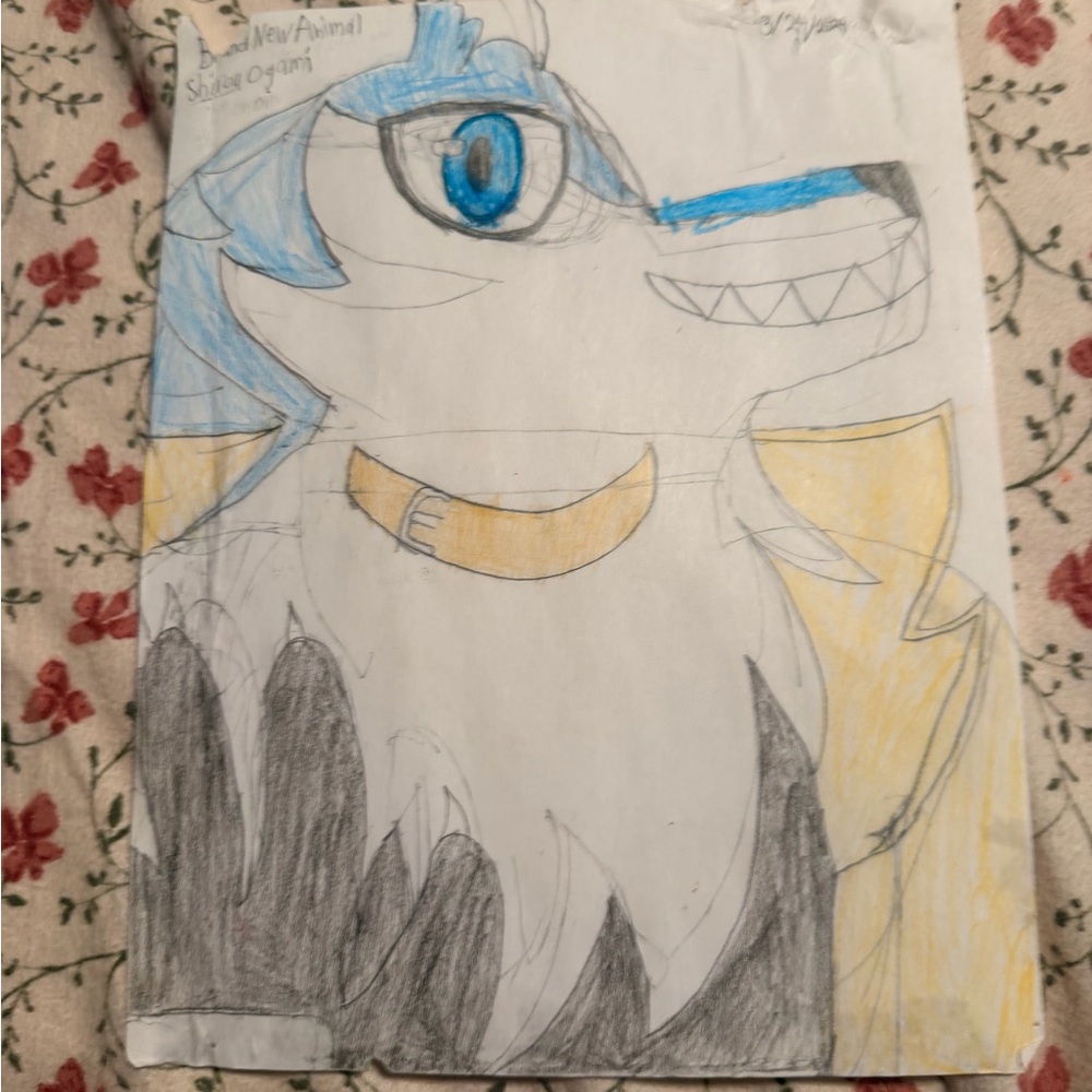 Hand-Drawn Wolf Art with Blue and Yellow Accents